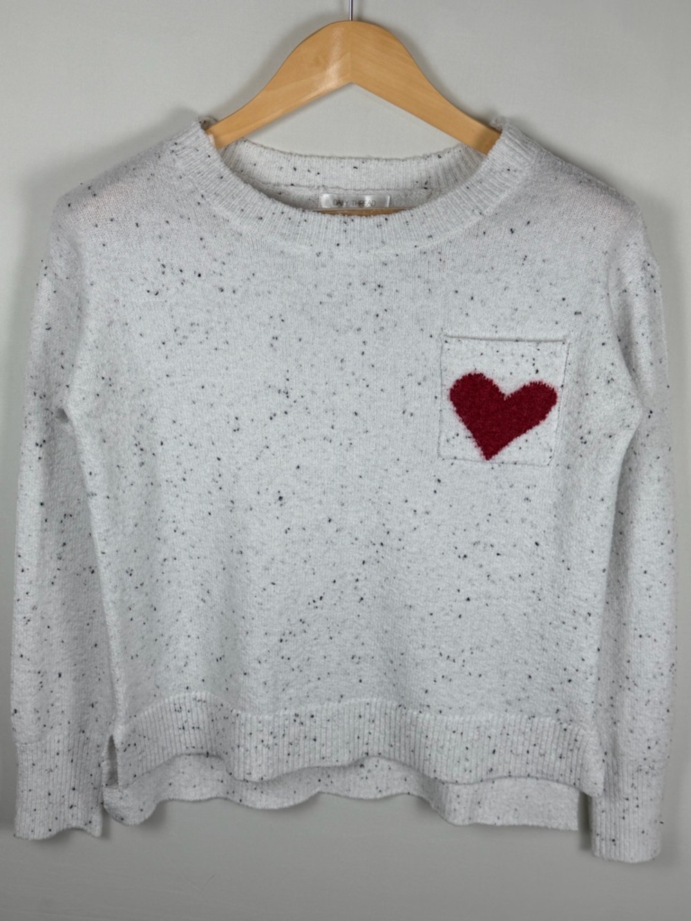 Daily Thread White Speckled Heart Pocket Sweater Cropped Crewneck Small Cozy